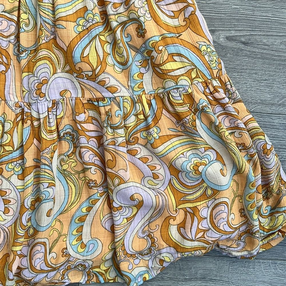 AMERICAN EAGLE Smocked Tiered Mini Dress Medium Orange Paisley 70s Retro Boho - Picture 6 of 10